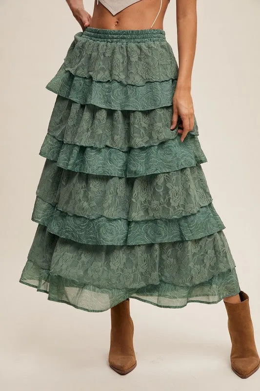 Eucalyptus Lace And Rose Jacquard Ruffle Tiered Maxi Skirt