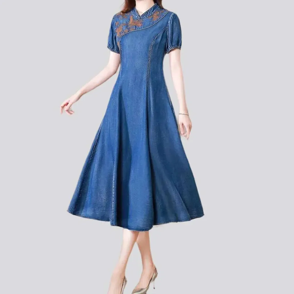 Flared medium wash denim dress