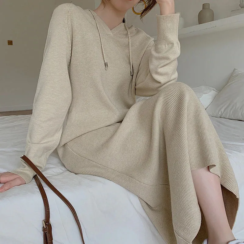 Flattering Hooded Knitted Long Sleeve Pullover Midi Dresses