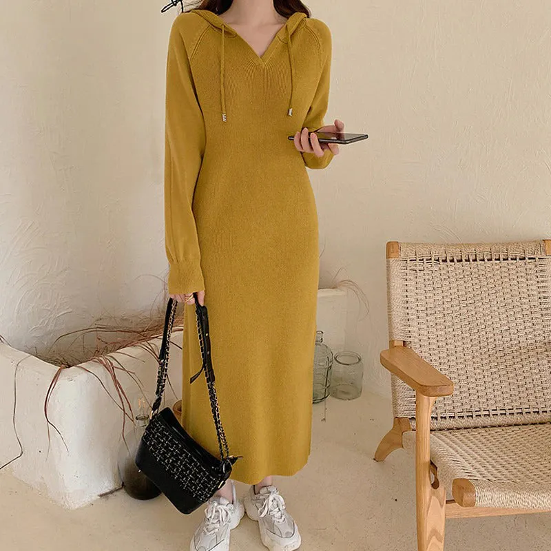 Flattering Hooded Knitted Long Sleeve Pullover Midi Dresses