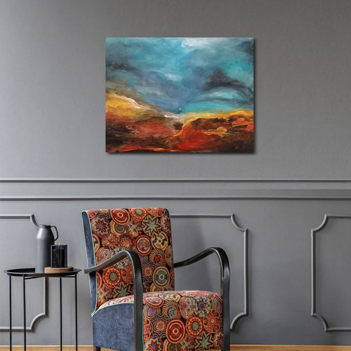 Framed horizontal sky blue & red abstract wall art print