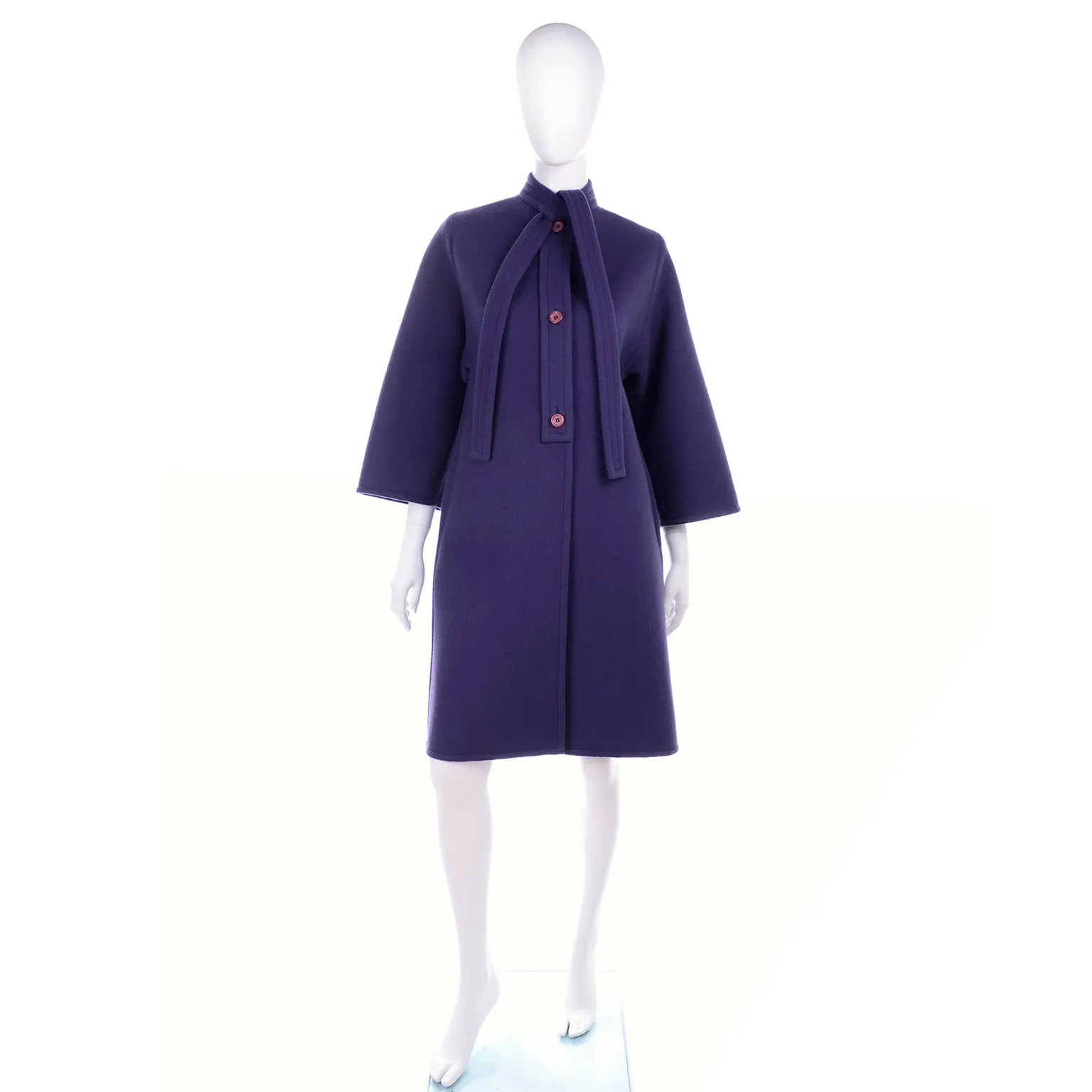 Galanos Purple Wool Vintage Coat With Tie & Pleat Details