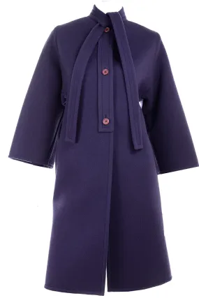 Galanos Purple Wool Vintage Coat With Tie & Pleat Details