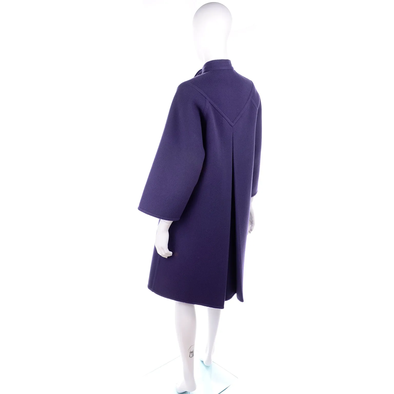 Galanos Purple Wool Vintage Coat With Tie & Pleat Details