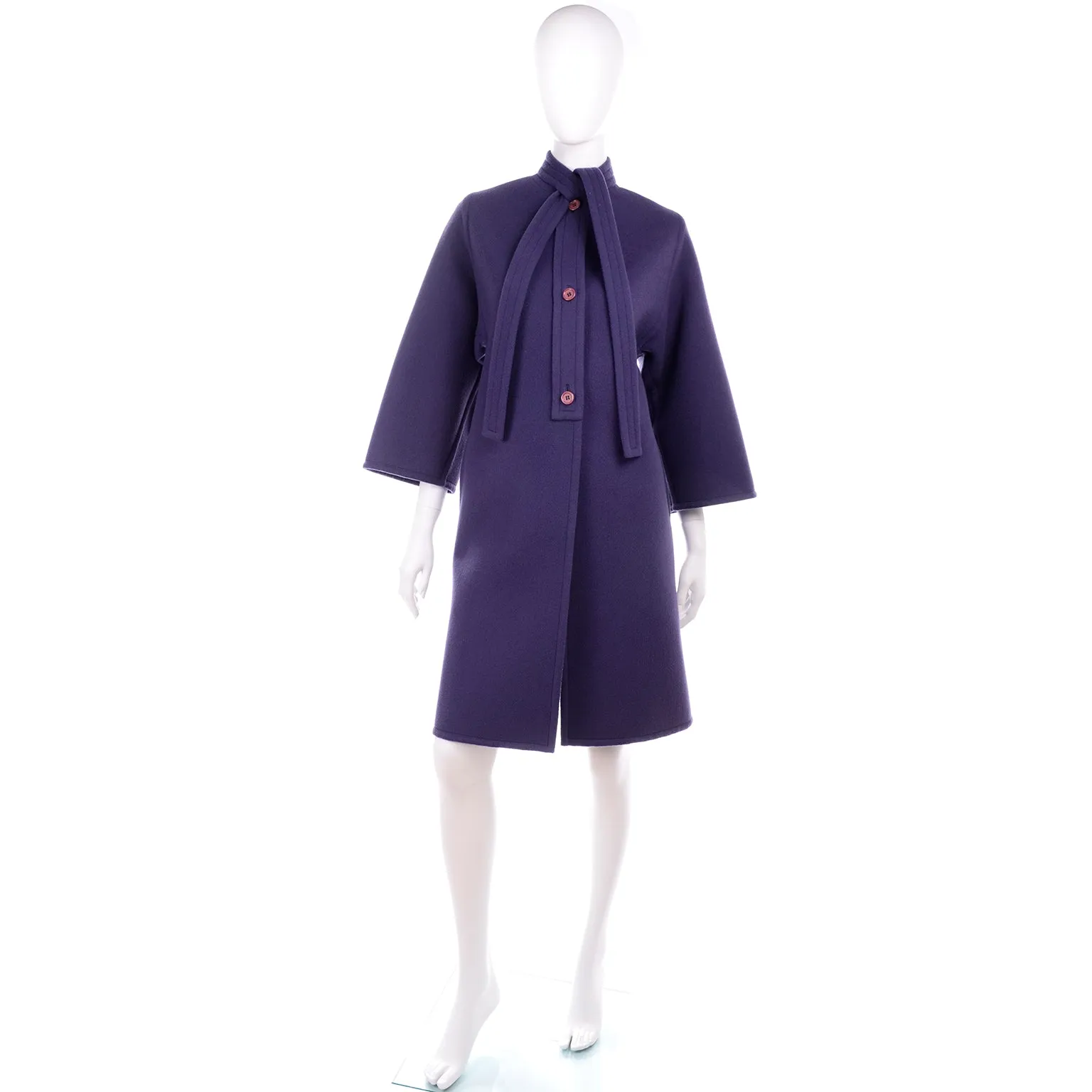 Galanos Purple Wool Vintage Coat With Tie & Pleat Details