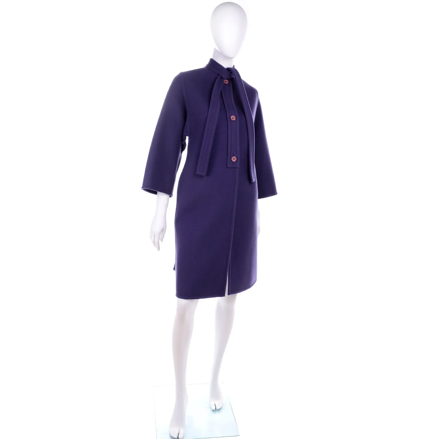 Galanos Purple Wool Vintage Coat With Tie & Pleat Details