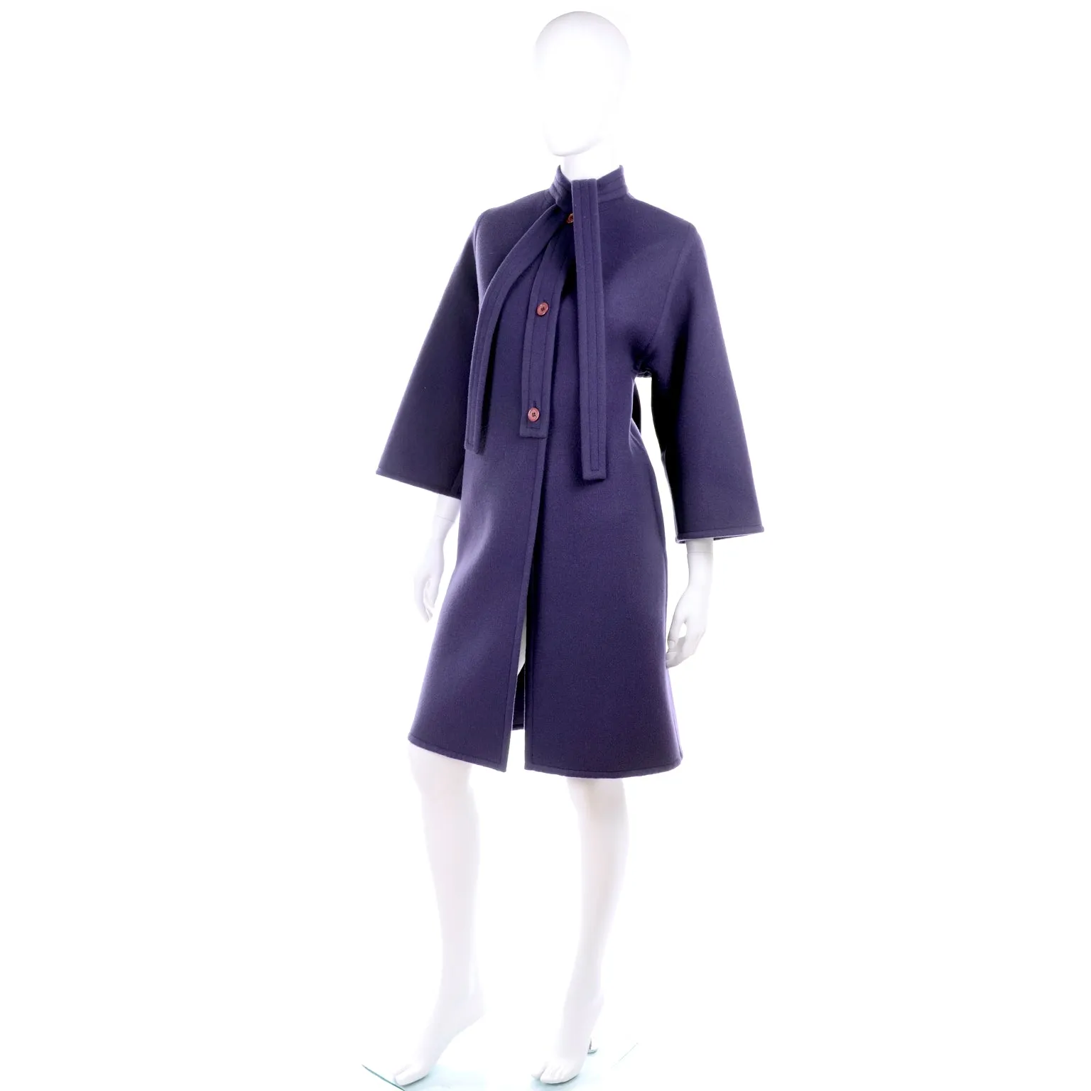 Galanos Purple Wool Vintage Coat With Tie & Pleat Details