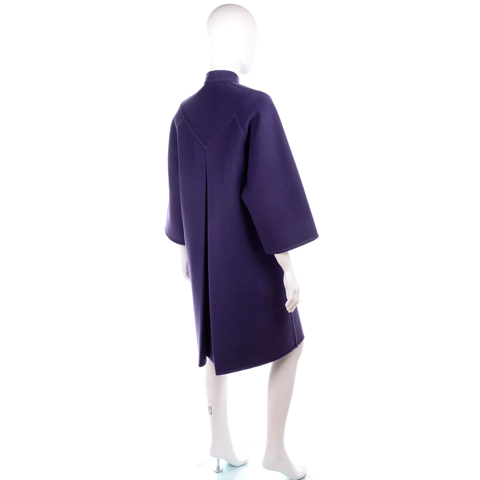 Galanos Purple Wool Vintage Coat With Tie & Pleat Details