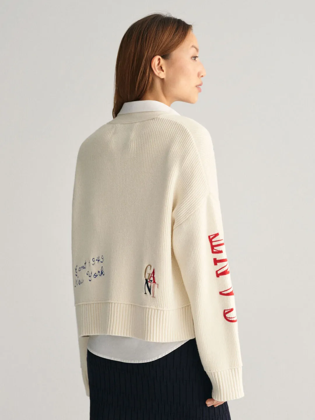 Gant Women Cream Embroidered  Full Sleeves Cardigan Sweater