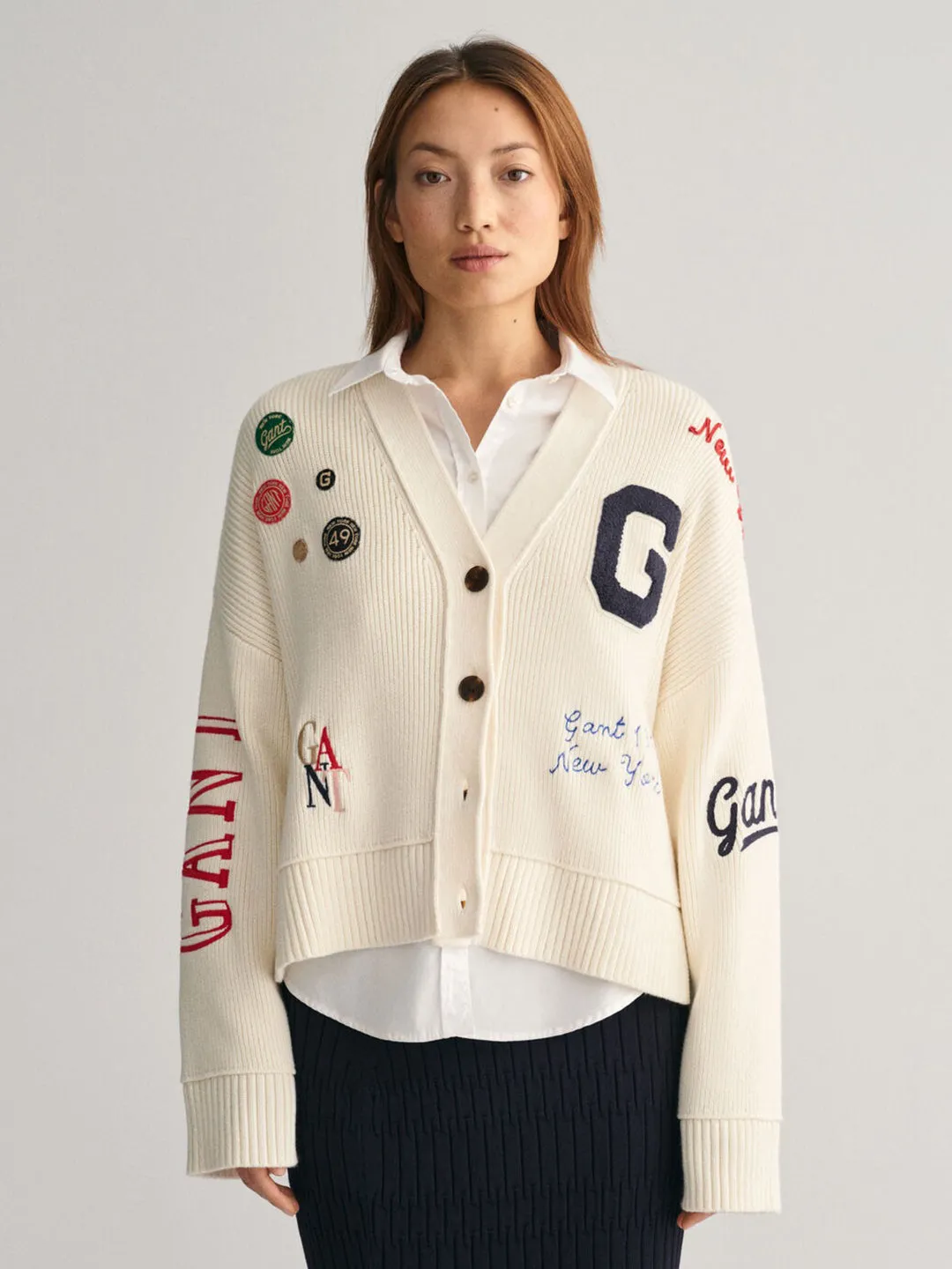 Gant Women Cream Embroidered  Full Sleeves Cardigan Sweater