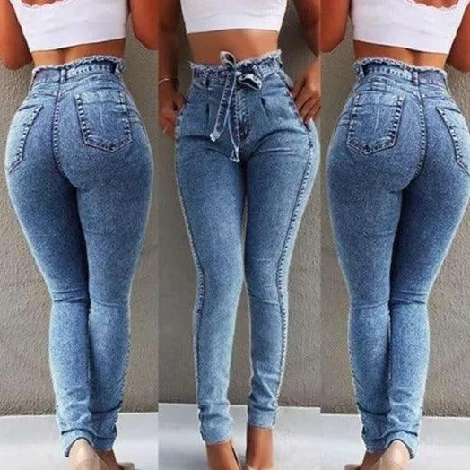 GF Womens High Waist Skinny Denim Jeans with belt Bandage