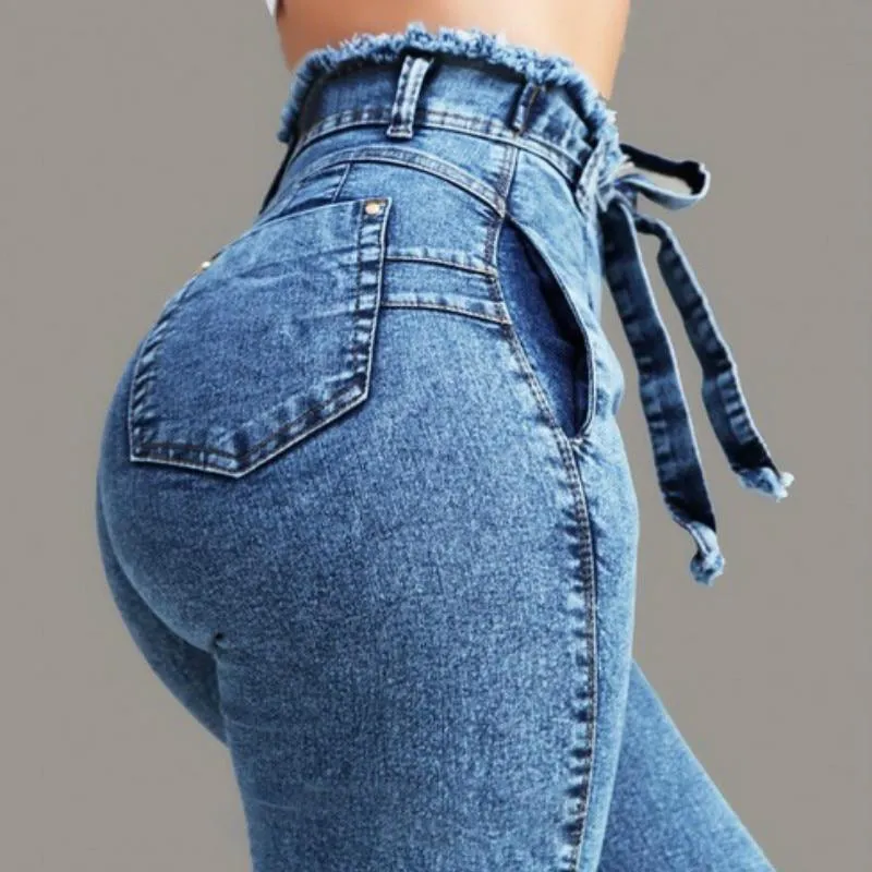 GF Womens High Waist Skinny Denim Jeans with belt Bandage