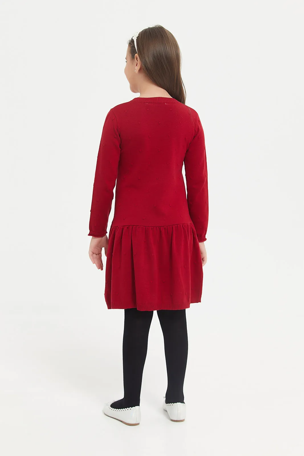 Girls Red Sweater Dress With Black Stockings (2 Piece)