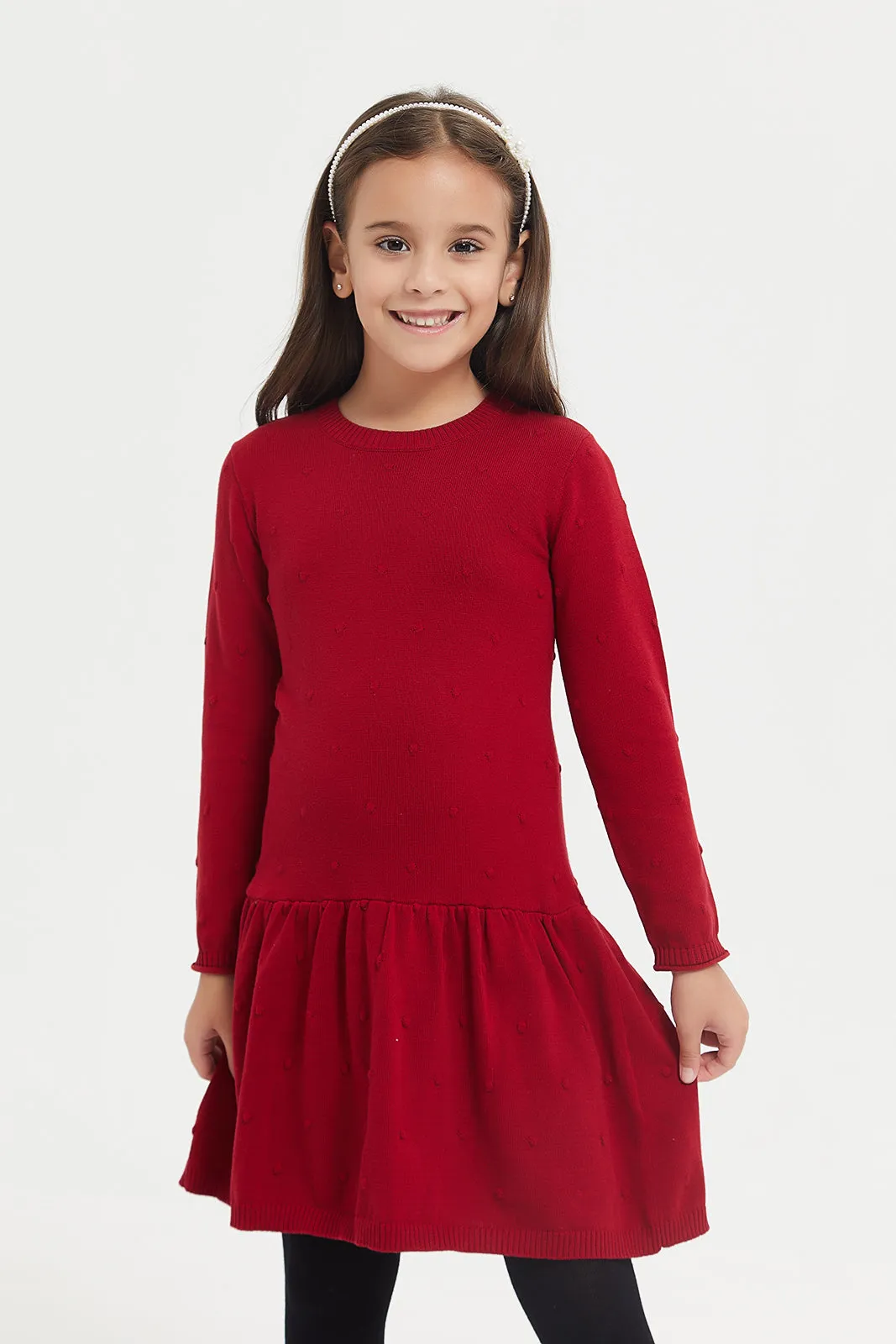 Girls Red Sweater Dress With Black Stockings (2 Piece)