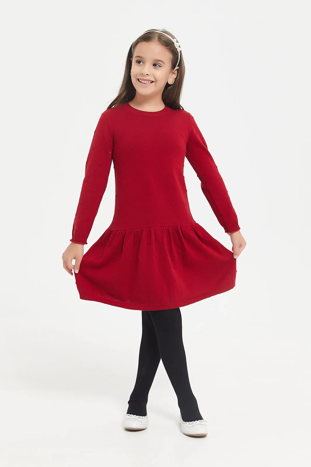 Girls Red Sweater Dress With Black Stockings (2 Piece)