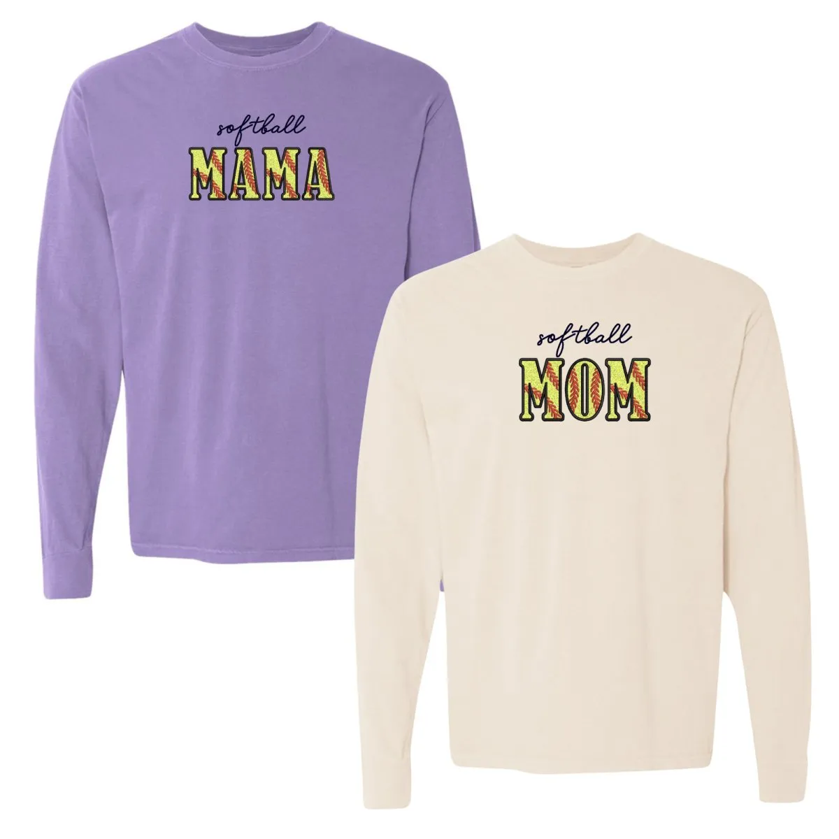 Glitter Embroidery 'Softball Mama/Mom' Long Sleeve T-Shirt