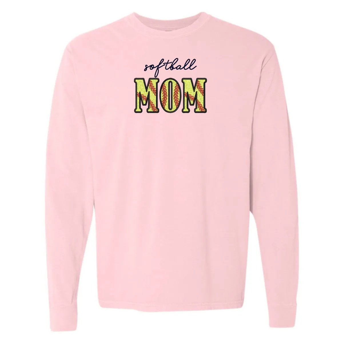 Glitter Embroidery 'Softball Mama/Mom' Long Sleeve T-Shirt