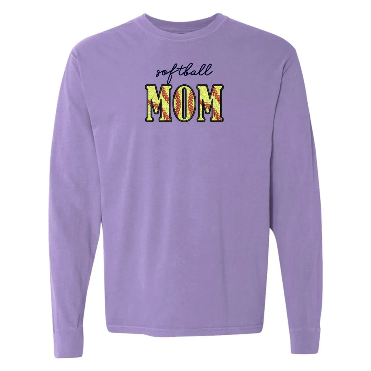 Glitter Embroidery 'Softball Mama/Mom' Long Sleeve T-Shirt