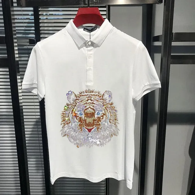 Glittering Gradient Tiger Head Style Polo Shirt