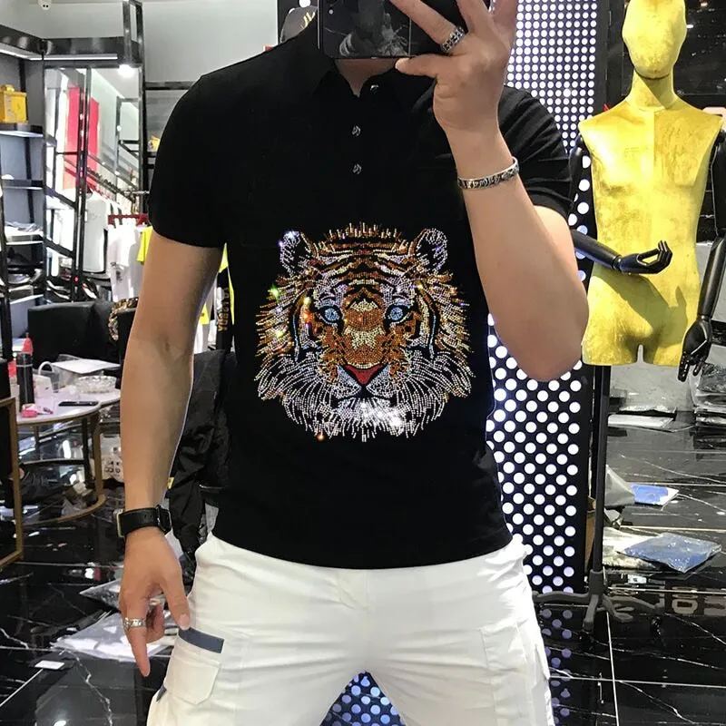 Glittering Gradient Tiger Head Style Polo Shirt