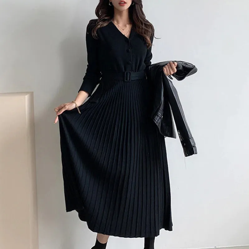 Gorgeous Soft Pleated A-line Long Sleeve Belted Dresses