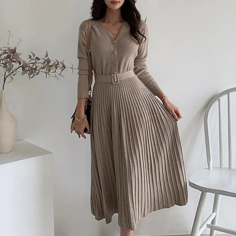 Gorgeous Soft Pleated A-line Long Sleeve Belted Dresses