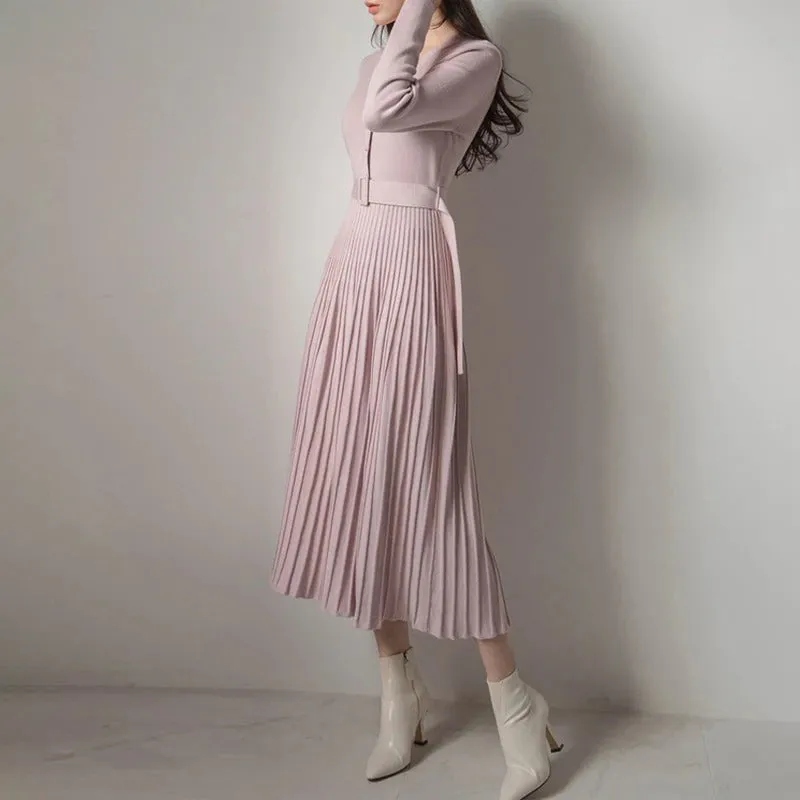 Gorgeous Soft Pleated A-line Long Sleeve Belted Dresses