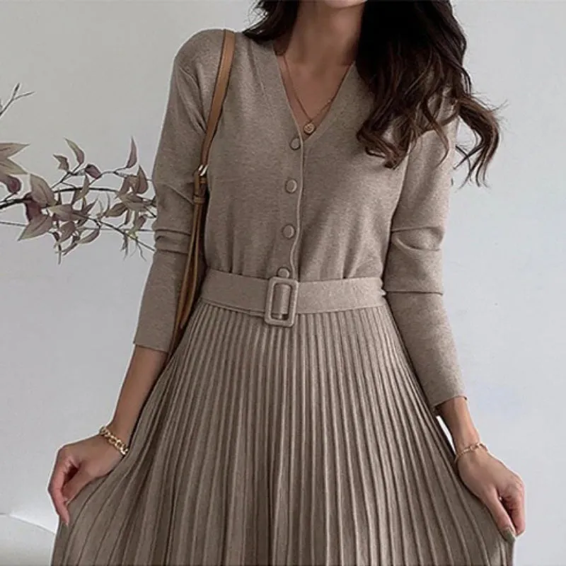 Gorgeous Soft Pleated A-line Long Sleeve Belted Dresses