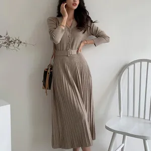 Gorgeous Soft Pleated A-line Long Sleeve Belted Dresses