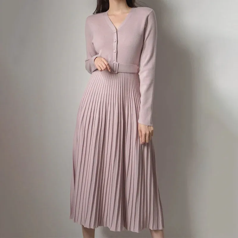 Gorgeous Soft Pleated A-line Long Sleeve Belted Dresses