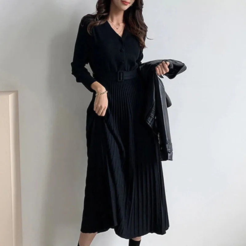 Gorgeous Soft Pleated A-line Long Sleeve Belted Dresses