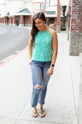 Green Abstract Floral Halter Tank