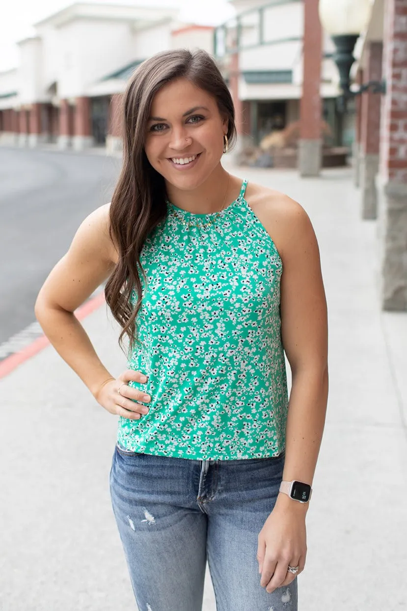 Green Abstract Floral Halter Tank