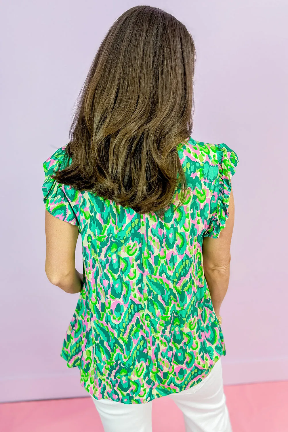 Green Pastel/Floral/Abstract Print Ruffled Trim Tied Split Neck Tank Top