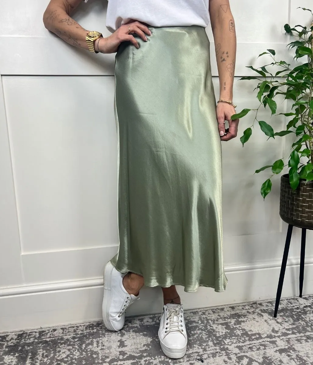 Green Satin Midi Slip Skirt