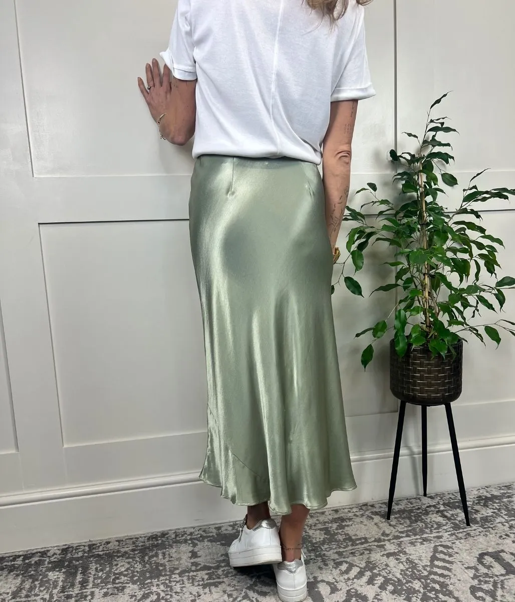 Green Satin Midi Slip Skirt