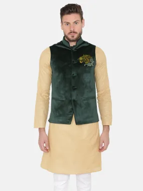 Green Velvet Nehru Jacket with Gold Embroidery