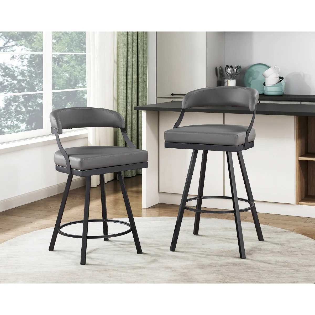 Grey Swiveling Counter Height Chair Set - Modern Industrial Design - Set of 2