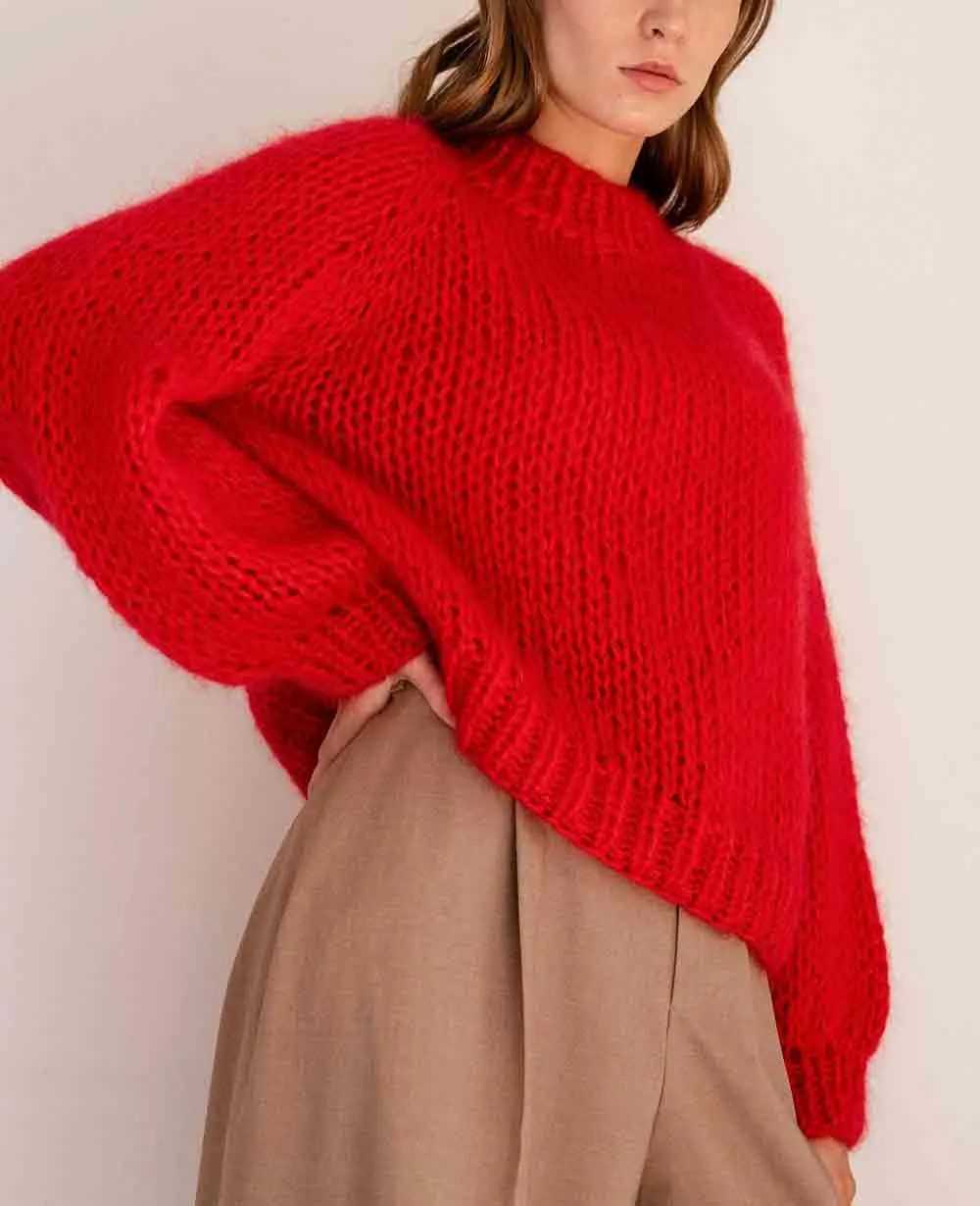 HAND KNITTED MOHAIR PULLOVER "LAVA" RED