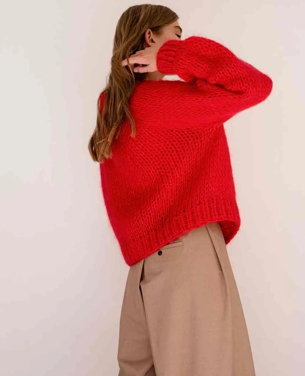 HAND KNITTED MOHAIR PULLOVER "LAVA" RED