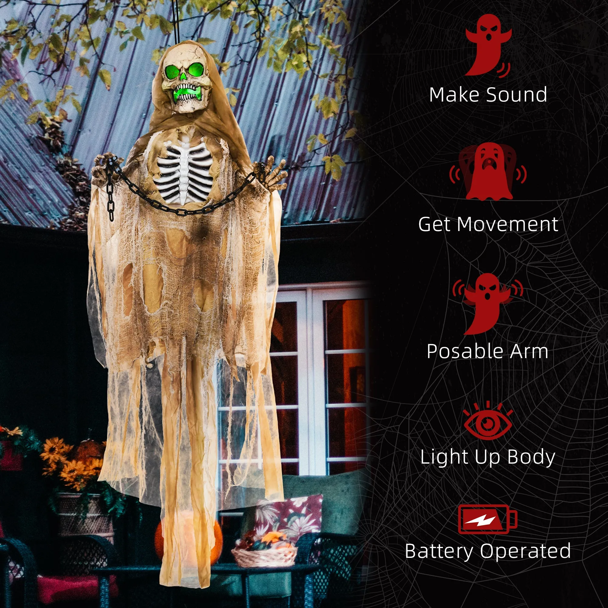 Hanging Halloween Skeleton Animatronic Prop for Indoor Outdoor