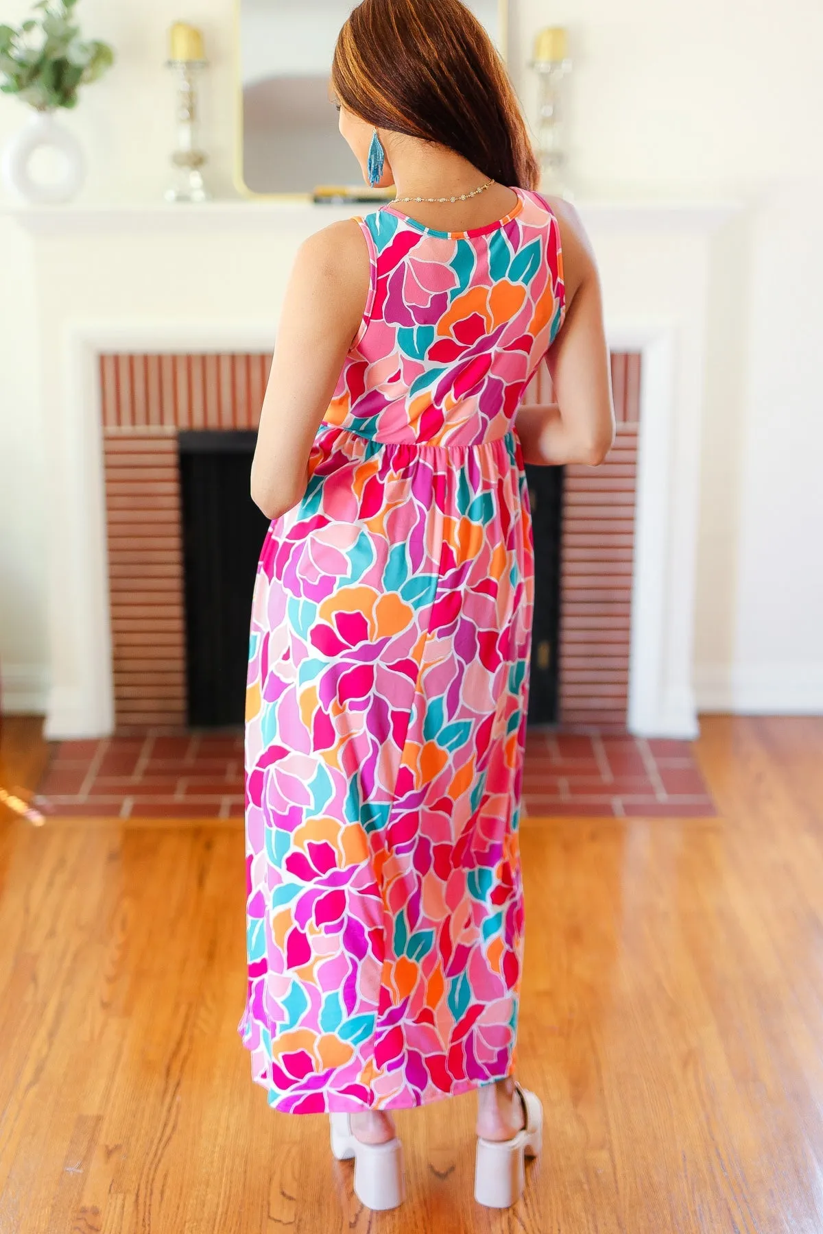 Hello Beautiful Fuchsia Abstract Floral Fit & Flare Maxi Dress