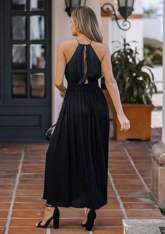 High Neck Long Sleeve Beaded Open Back Maxi Dress