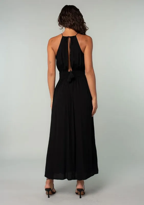 High Neck Long Sleeve Beaded Open Back Maxi Dress