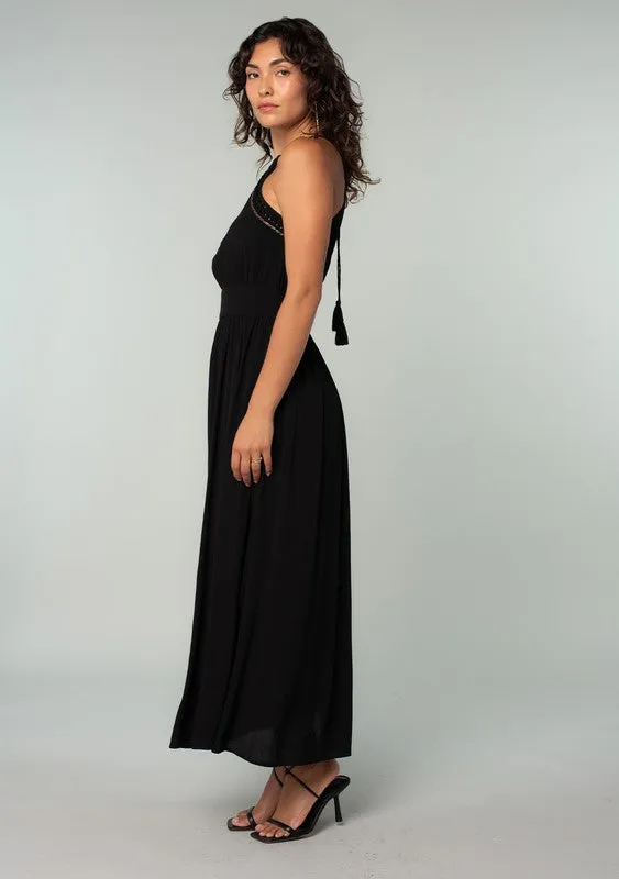 High Neck Long Sleeve Beaded Open Back Maxi Dress