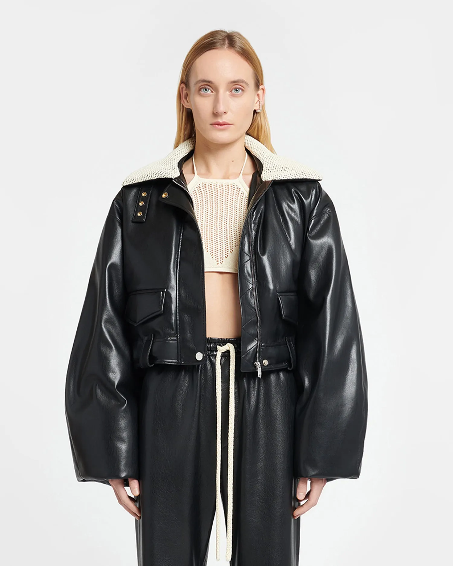 Hollie - Okobor™ Alt-Leather Bomber Jacket - Black/Creme