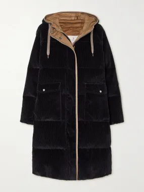 Hooded quilted cashmere-corduroy down coat