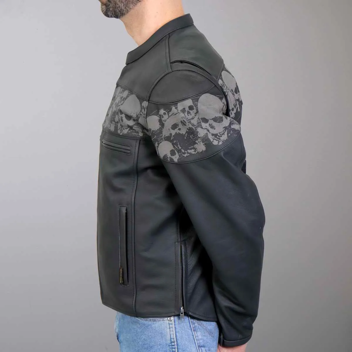 Hot Leathers JKM2002 Men’s Black ‘Reflective Skull' Printed Leather Jacket with Concealed Carry Pockets