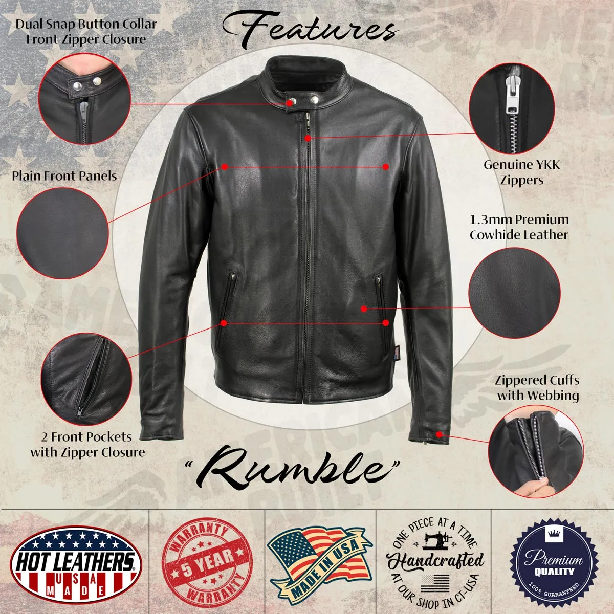 Hot Leathers JKM5006 USA Made Men's 'Rumble' Black Premium Leather Motorcycle Jacket