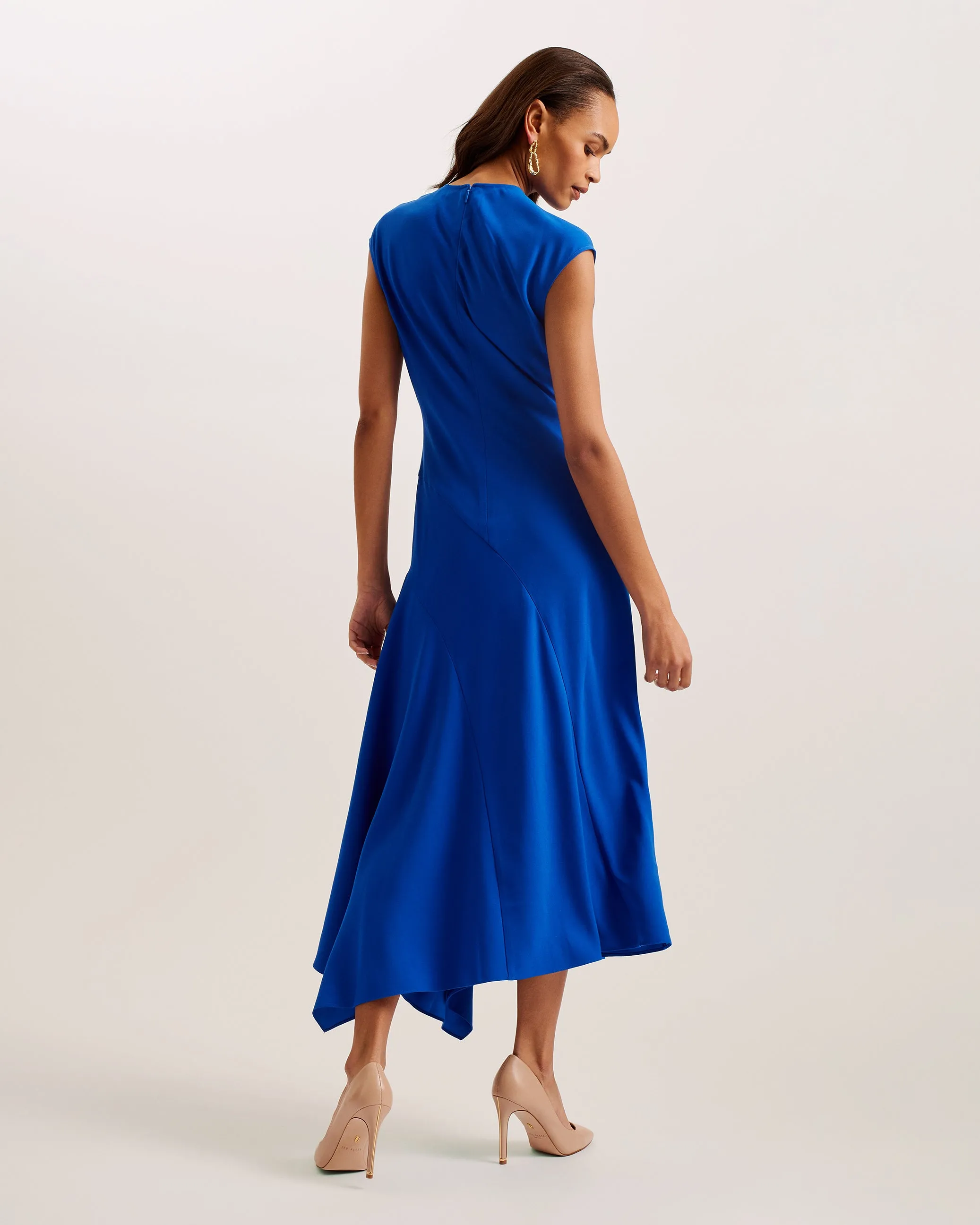 Isparta Asymmetric Satin Midi Dress Mid-Blue